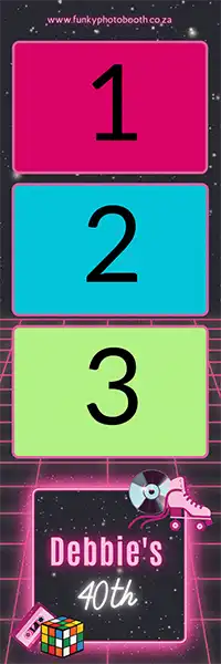 1980s-themed photo strip layout with retro colors, neon designs, and vintage 80s-inspired elements.