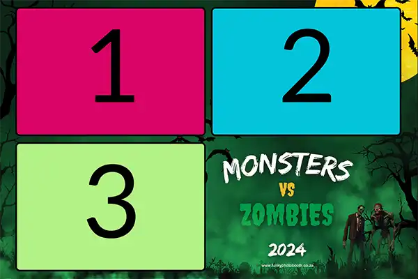 Monsters vs Zombies postcard-style photo layout with spooky and fun Halloween-inspired graphics.