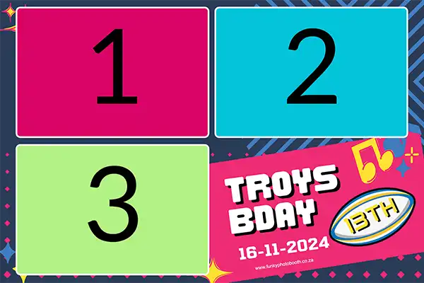 Retro-themed photo booth postcard layout for a 13th birthday celebration, featuring vintage-inspired design and playful graphics.